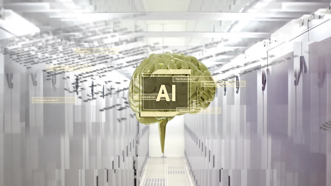 Animation of ai text, brain and data processing over computer servers