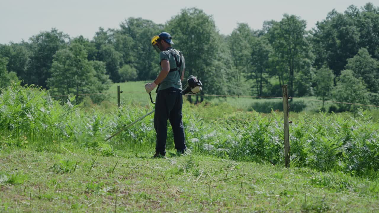Homme utilisant une débroussailleuse dans un champ ensoleillé, mettant en valeur le travail en extérieur et la nature.