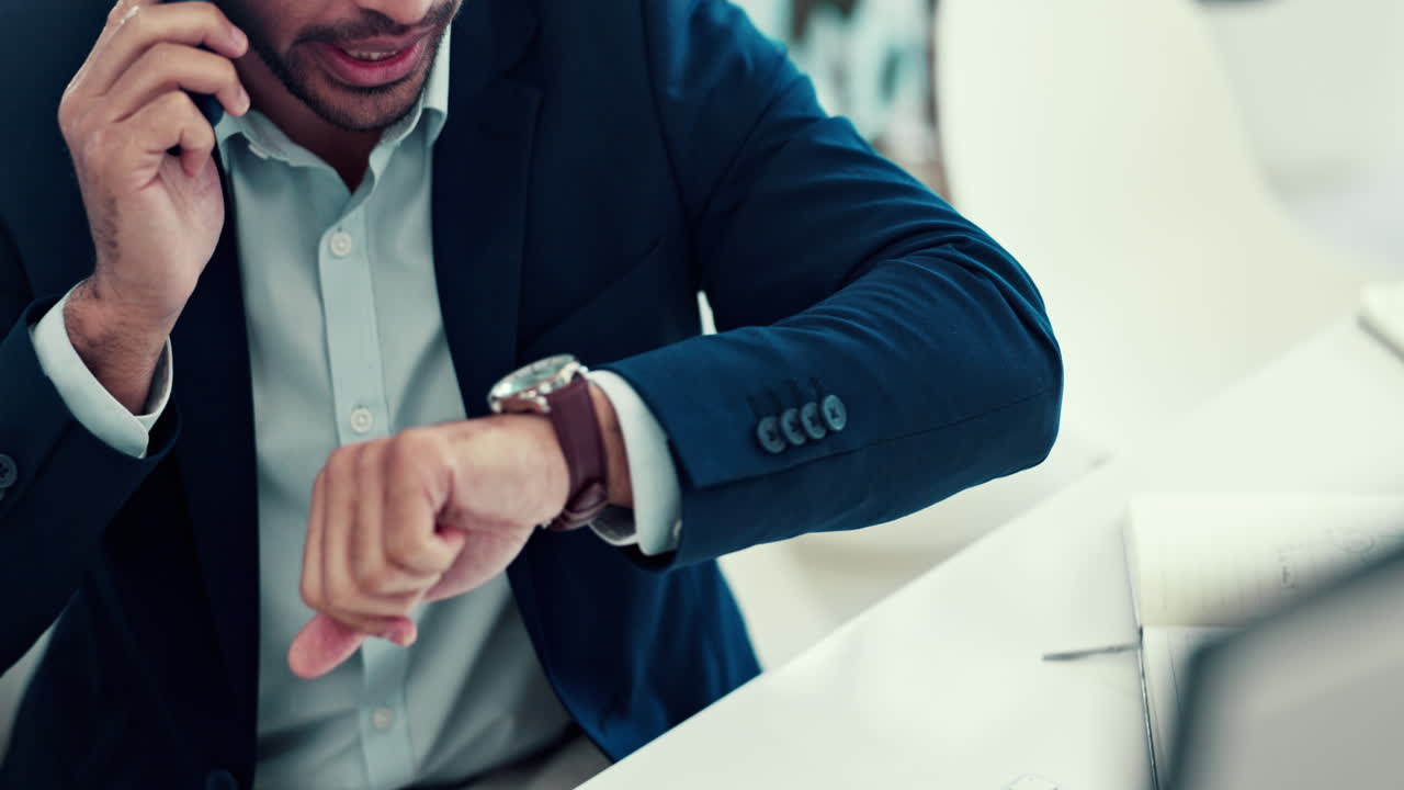 Phone call, watch and business man in office