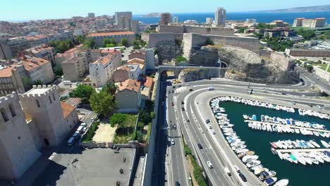 aerial of france, cote d'azur, menton, old port of marseille and sea in french riviera