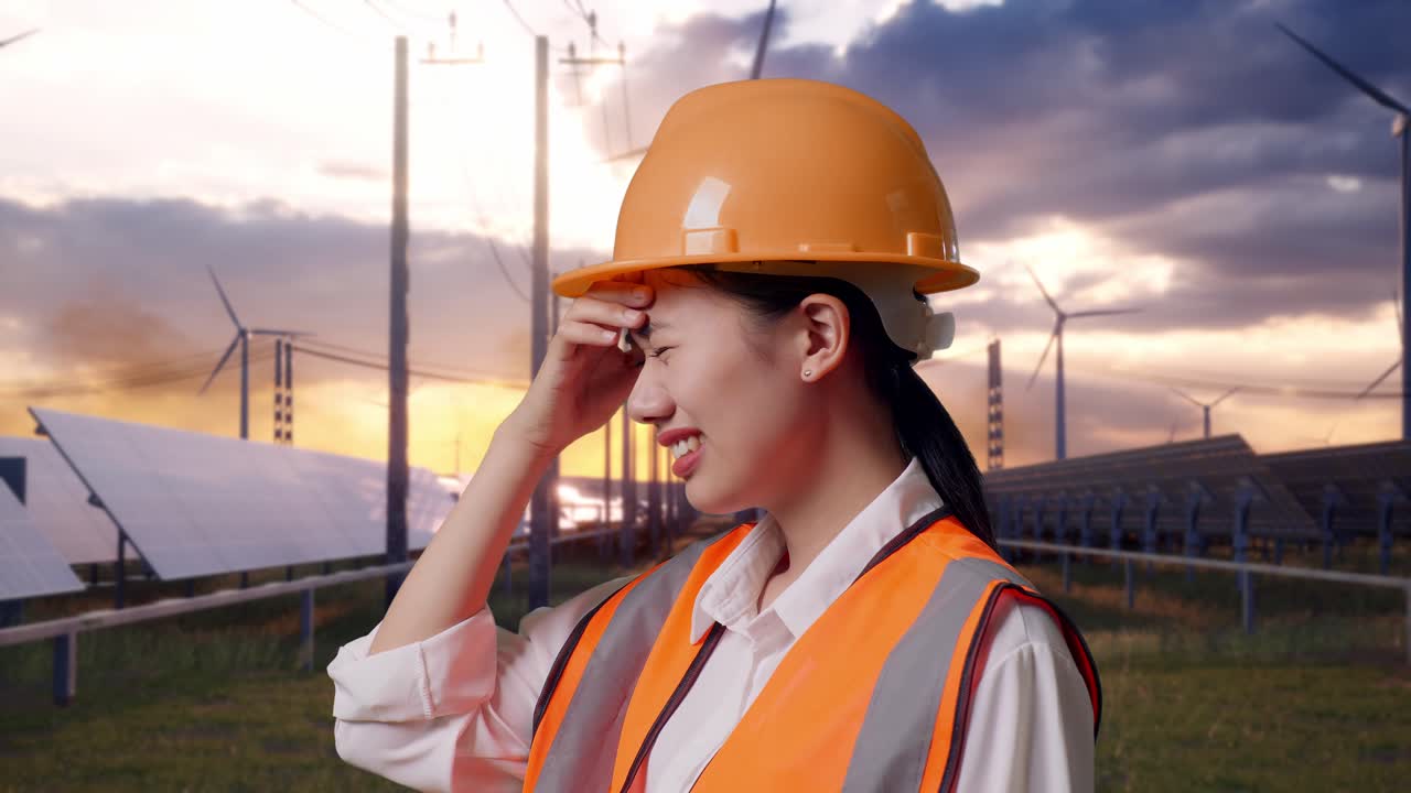 Close Up Side View Of Asian Female Engineer With Safety Helmet Having A Headache While Working With Solar Panel and Wind Turbines