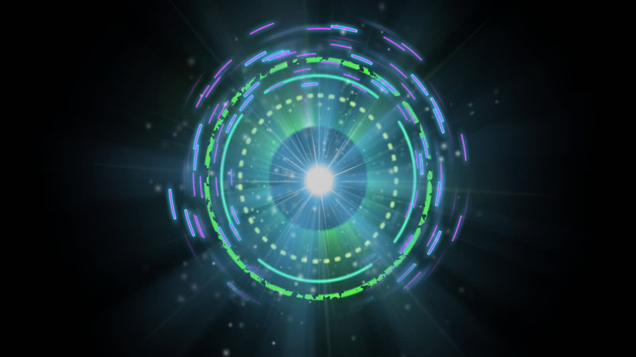 Dynamic animation of glowing circular interface with vibrant colors and lights
