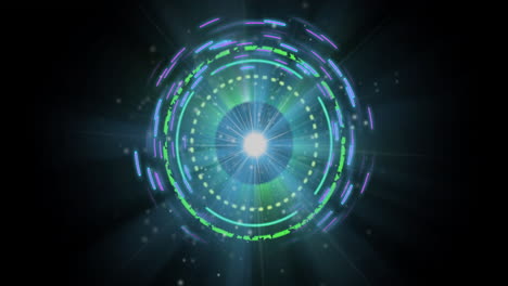 dynamic animation of glowing circular interface with vibrant colors and lights