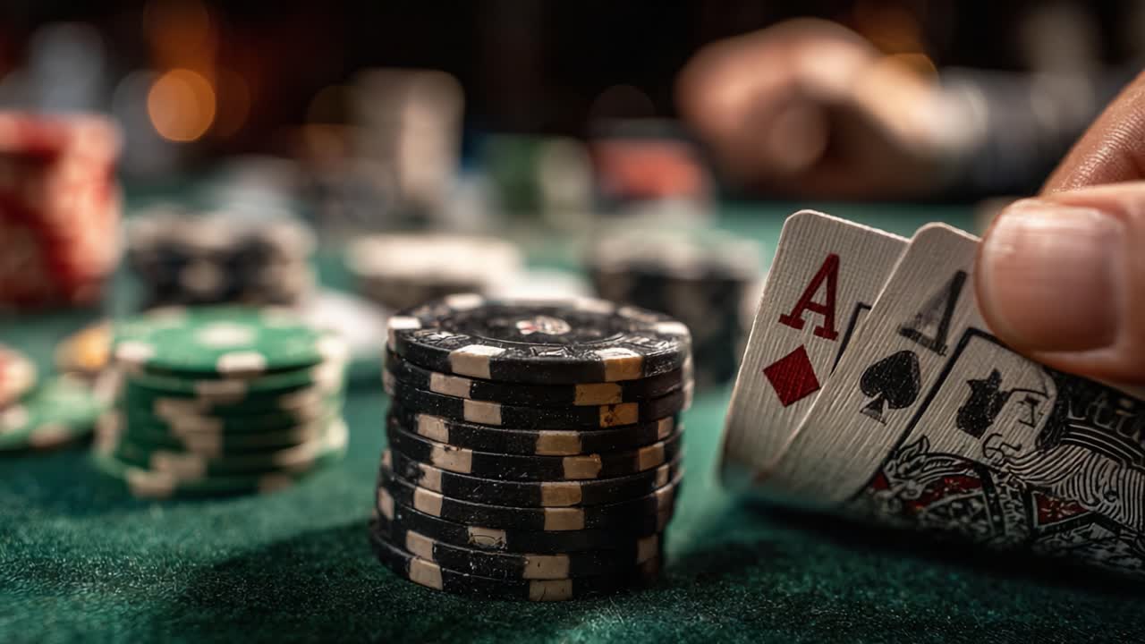 A High-stakes Poker Moment: Close-up of Winning Hand with Playing Cards and Poker Chips on a Green Felt Table