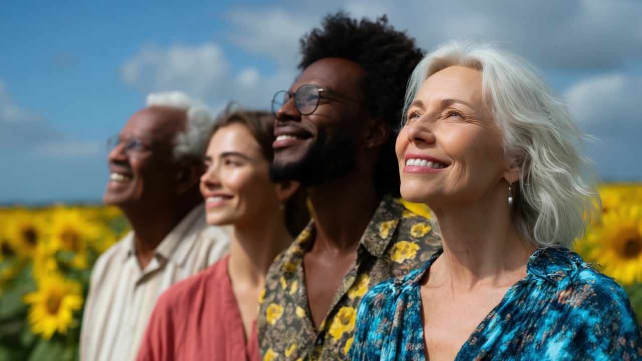 Diverse group of people enjoying a sunny day in a sunflower field