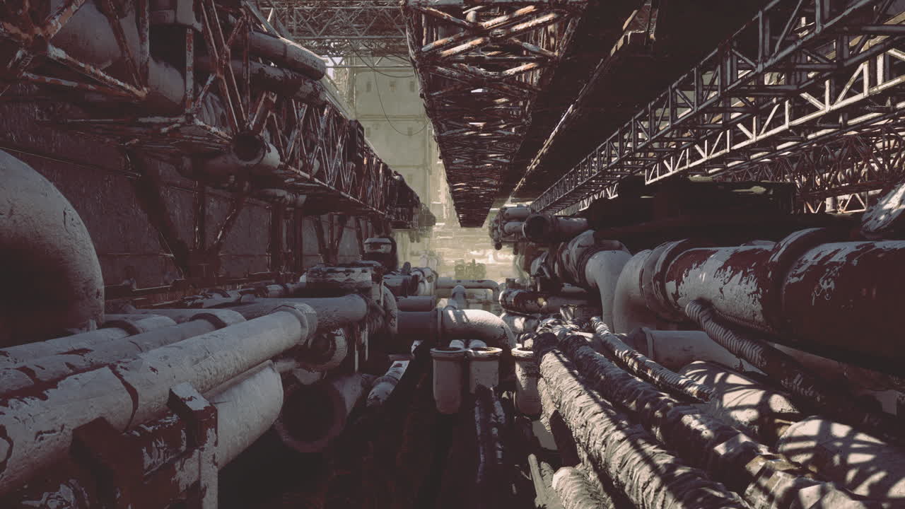 Complex network of industrial pipes in an abandoned facility under sunlight