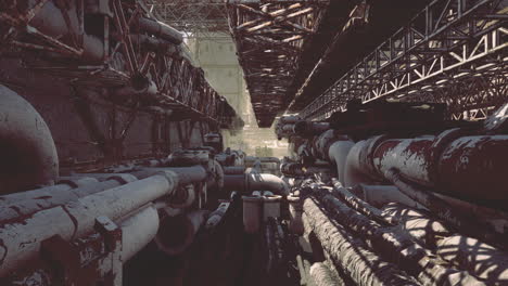 complex network of industrial pipes in an abandoned facility under sunlight