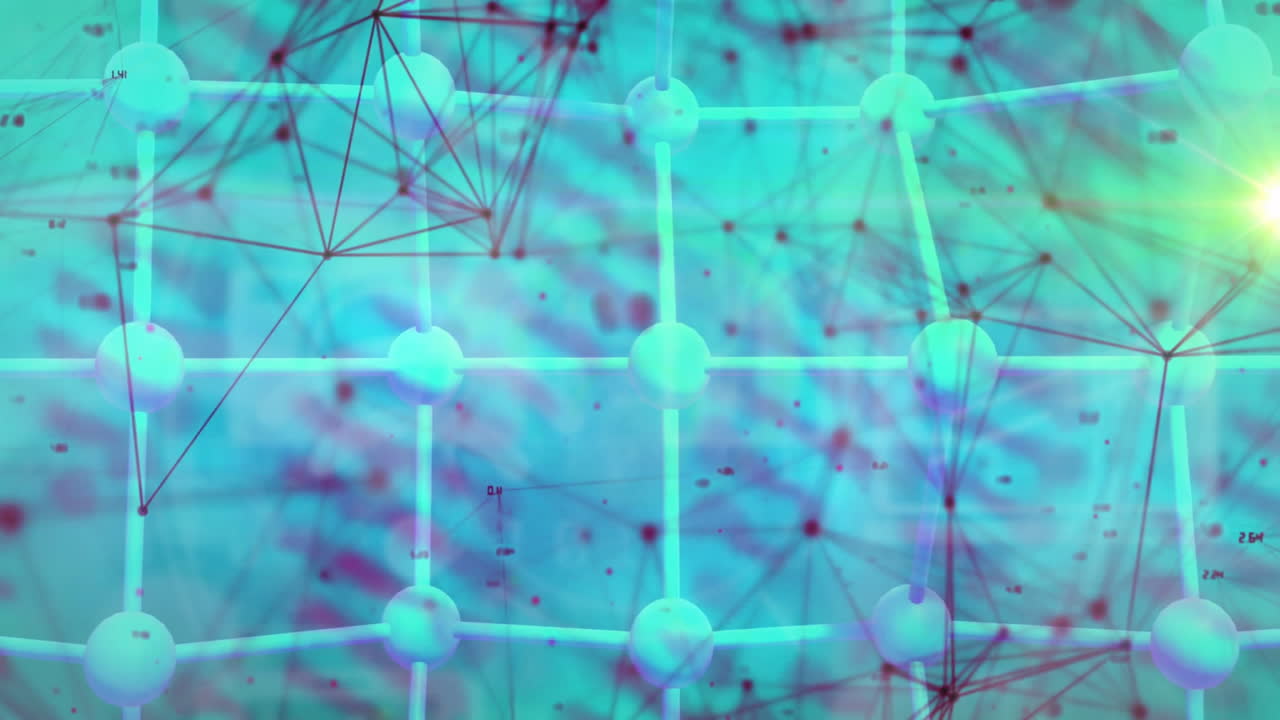 3D render lattice glowing and connecting spheres in scene, showing rods, mesh lines, data specks