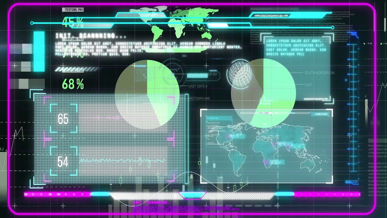 Displaying global data analytics, digital interface showing maps and graphs animation