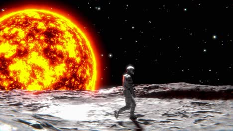 astronaut on the moon with a giant sun