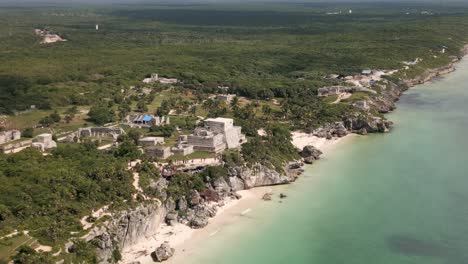 aerial close up of ancient maya ruins in tulum mexico drone above caribbean sea ocean