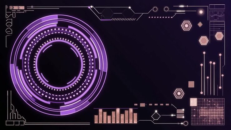 Futuristisk digital HUD-grænseflade med glødende lilla elementer.
