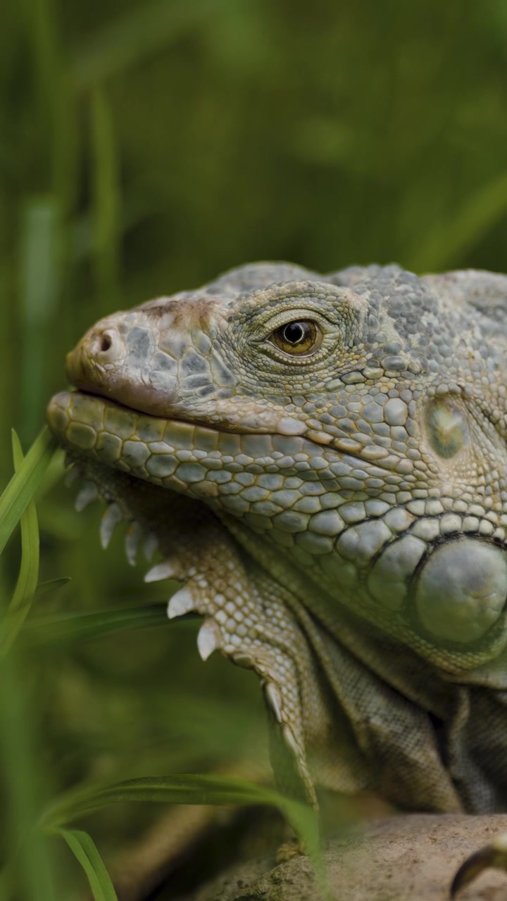 Primo piano della testa di un'iguana verde, conosciuta anche come iguana americana, specie di lucertola arborea e prevalentemente erbivora del genere Iguana.