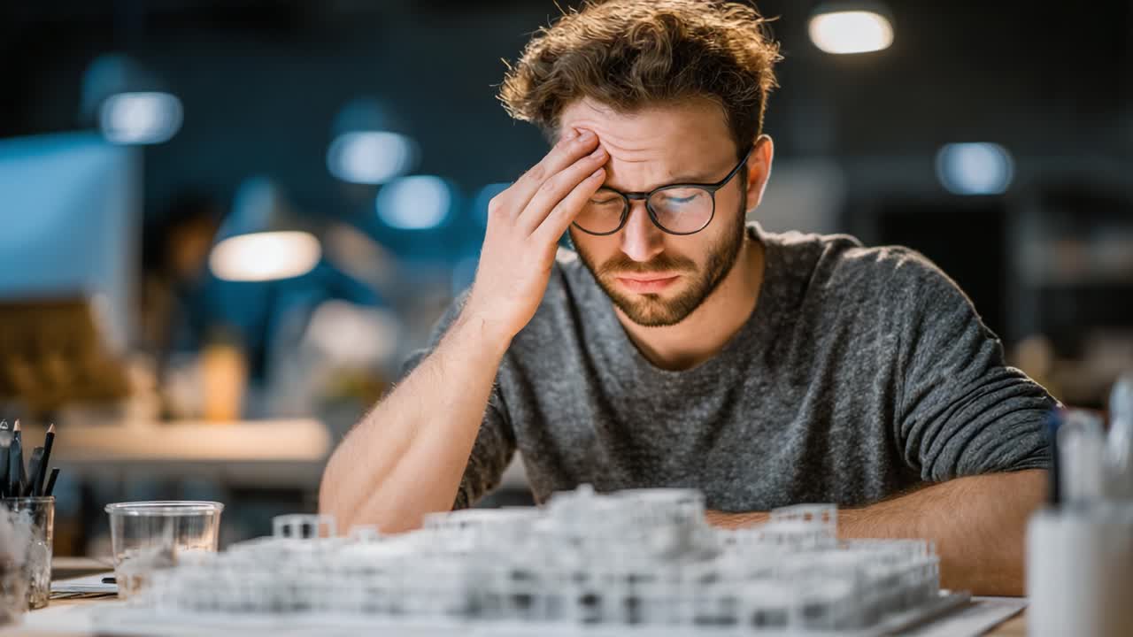 A Young Man Contemplates His Architectural Model, Overwhelmed by Stress and Challenges in a Modern Design Studio Environment