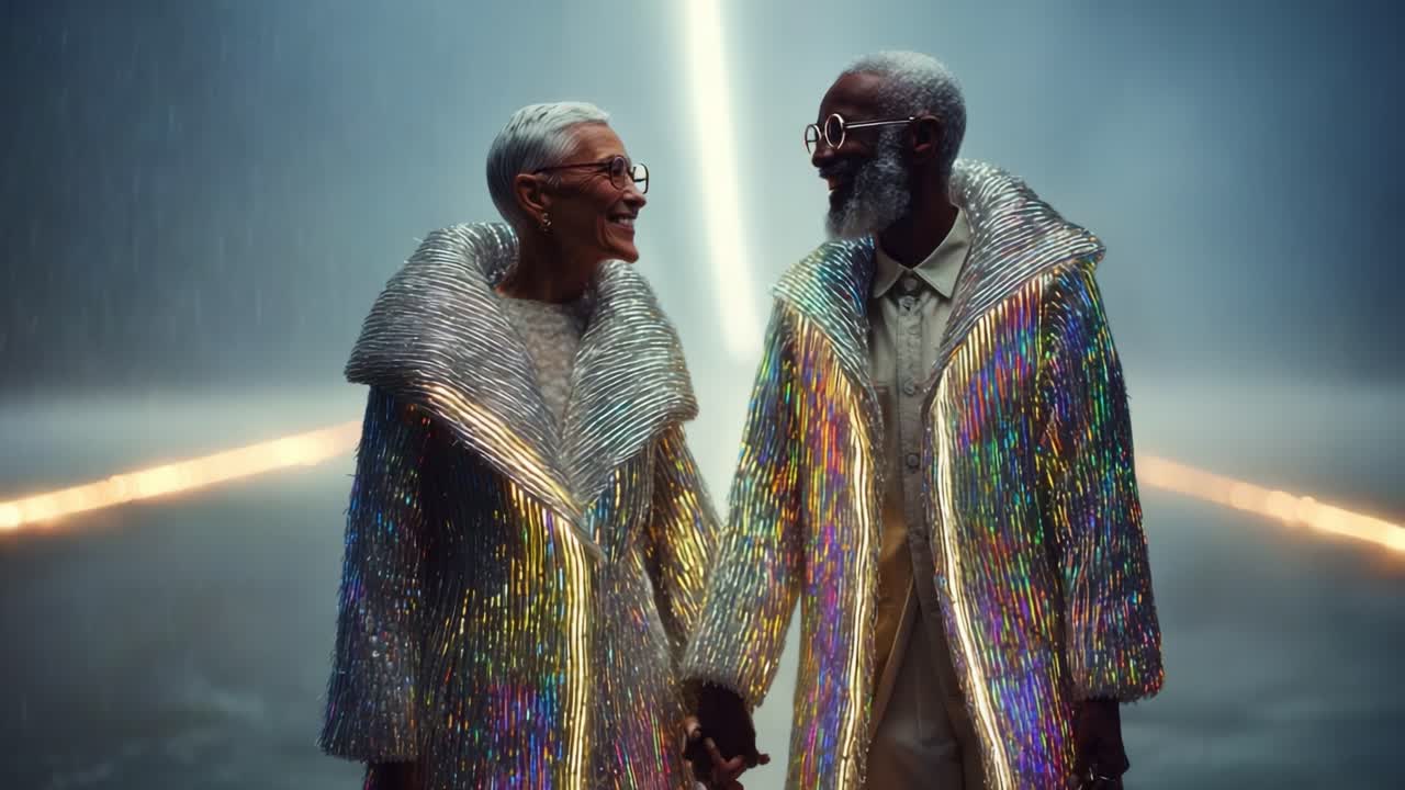 A radiant couple stands hand in hand under a mesmerizing display of light and rain, showcasing the beauty of love and connection amidst a vibrant, colorful backdrop