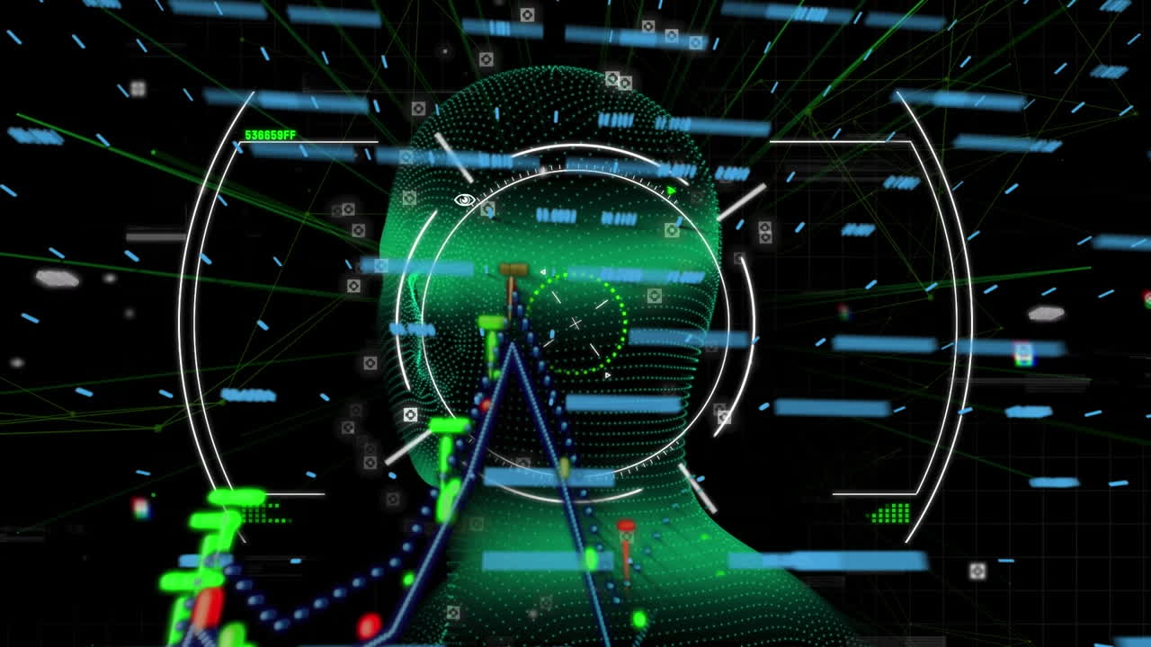 블랙 배경에 인간 머리 모델, 뷰파인더, 그래프 및 글리치의 애니메이션