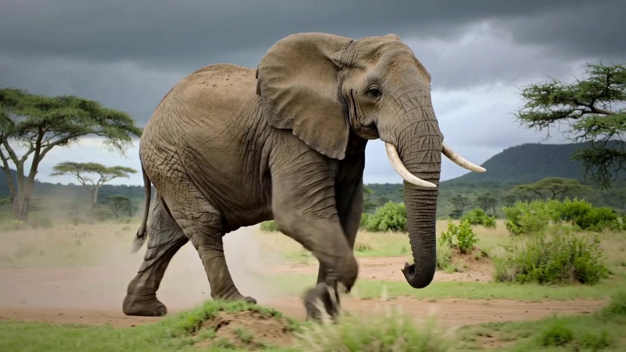 En enkelt voksen afrikansk elefant skridter frem over en græsklædt savanne, svinger snablen og sparker støv op.