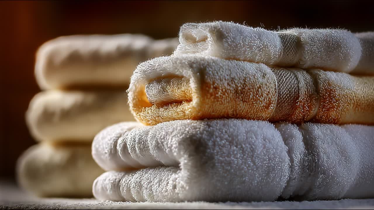 A Close-Up View of Soft, Plush, and Neatly Stacked Towels in Various Colors, Highlighting the Textured Fabric and Subtle Lighting That Captures Their Luxurious Aesthetic and Cozy Appeal