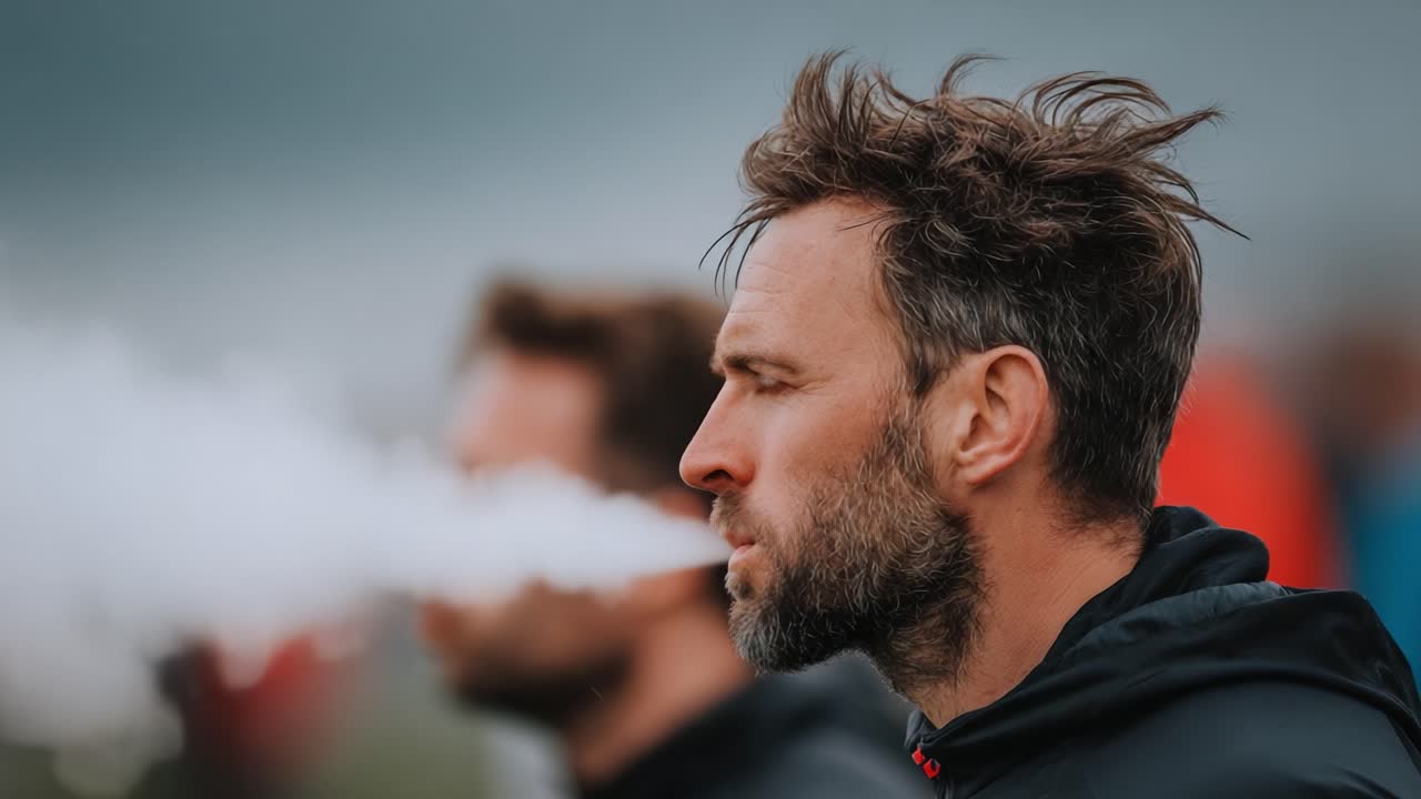 A Study in Focus: Two Frames Capturing a Pensive Moment of a Man Emitting Vapor Amidst a Foggy Background, Reflecting Thought and Intensity