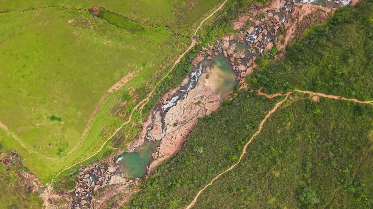 Aerial cenital view of a river carving its way through a rocky landscape in santander, colombia