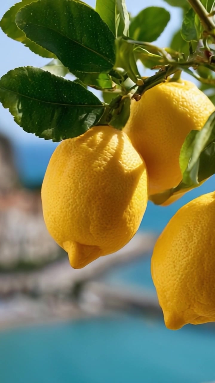 Ramo di limoni vibrante: un primo piano di limoni freschi e succosi baciati dal sole contro uno splendido sfondo di acque turchesi e vegetazione lussureggiante.
