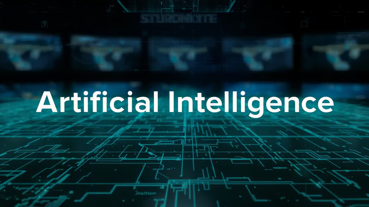 Pulsing glowing circuit floor in control-room, fading text AI and powering five monitors with map