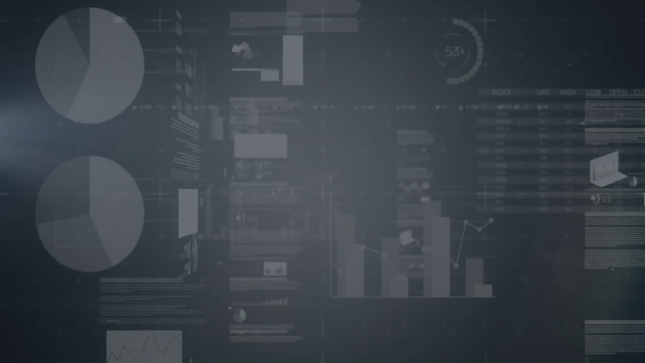 Animation of financial data processing over dark background