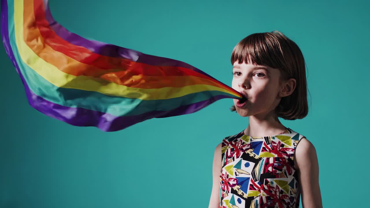 la chica con la bandera del arco iris