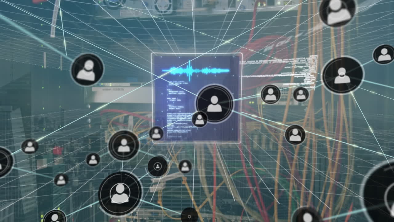 Animation of network of profile icons and data processing against close up of a computer server