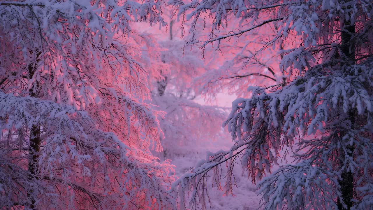 Shifting view showing snowy branches centering in forest as sun rising, right fir branch glowing