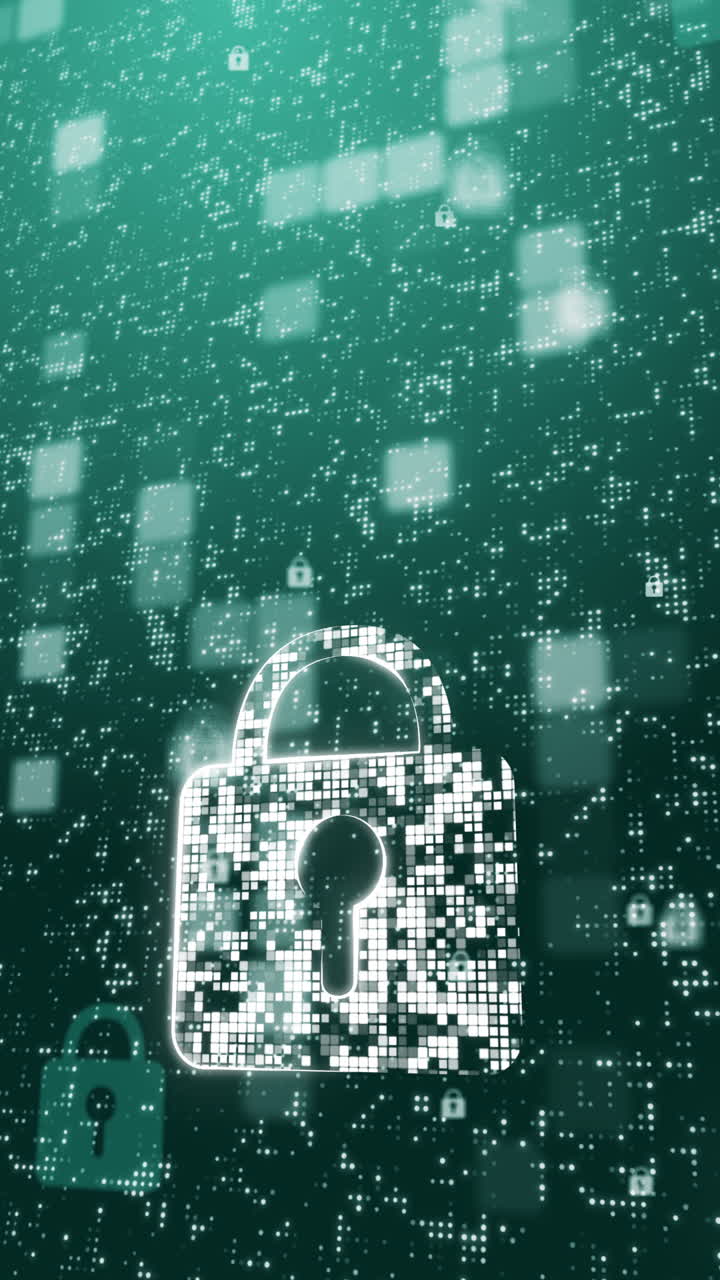 Digital padlock security symbol on green background with flashing numbers and pixels. Cyber security and computer protection of digital data. Looped motion graphics. Vertical video.