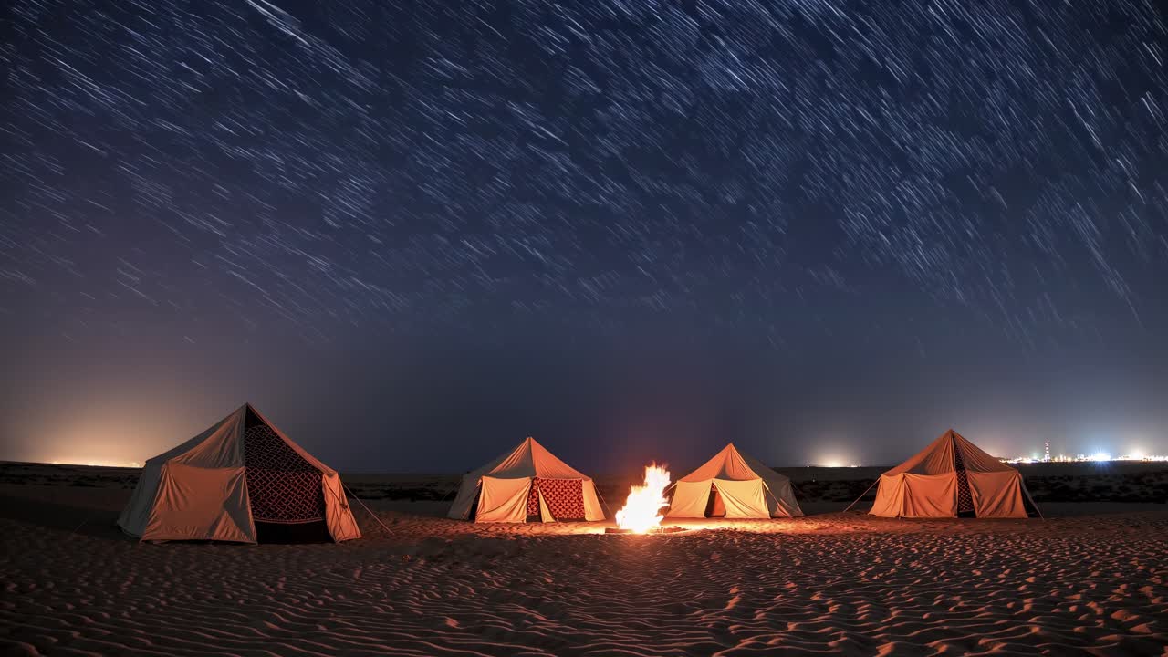 Four tents are set up in the desert sand, illuminated by a warm campfire in the foreground, under a mesmerizing night sky filled with star trails, creating a tranquil and adventurous camping scene