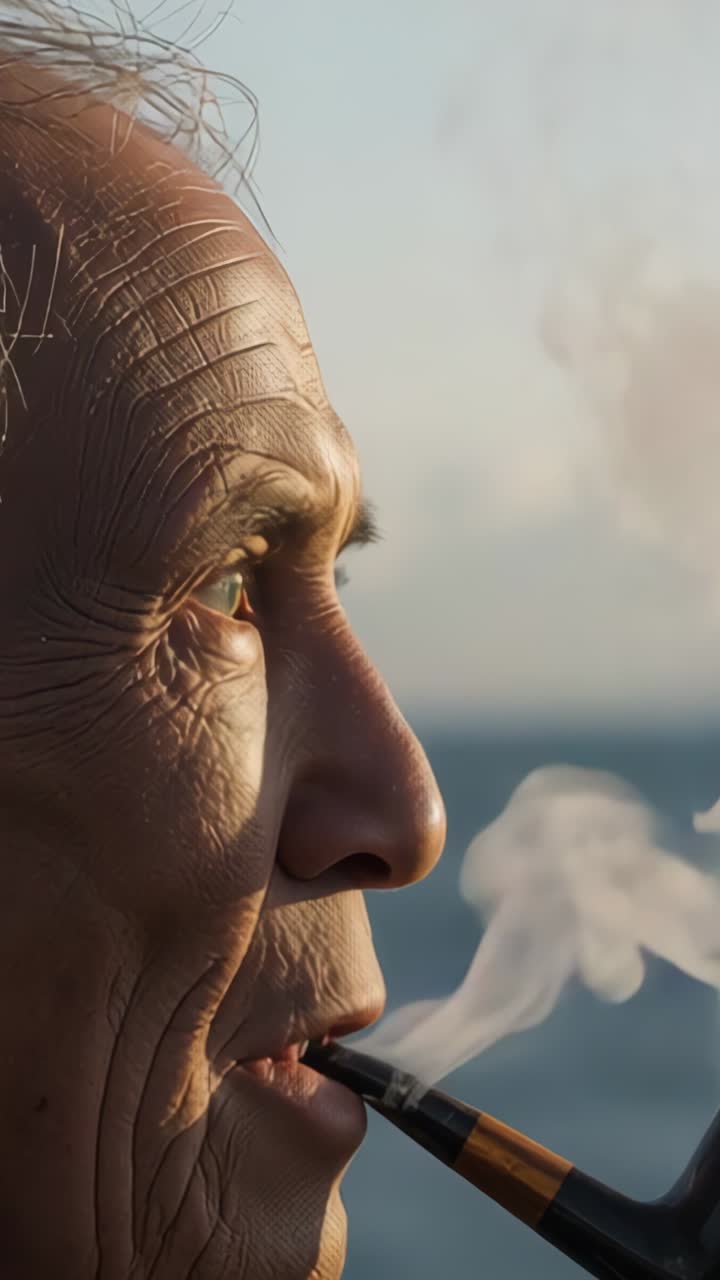 Vertical video: Blowing senior man releasing pipe smoke at waterfront for reflection, copy space