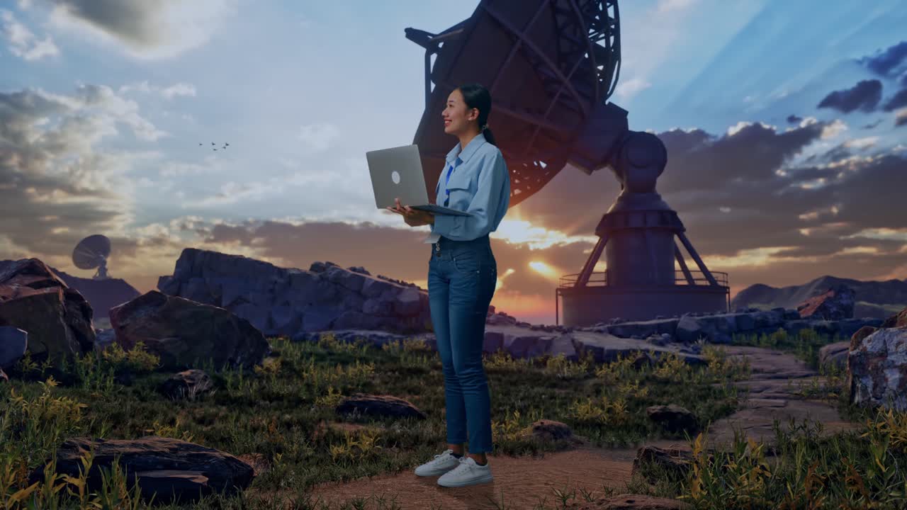 Full Body Side View Of An Asian Female Worker Standing With Large Satellite Dish, Observes By Looking Up Before She Come To Concentrating On The Laptop And Keep On Typing