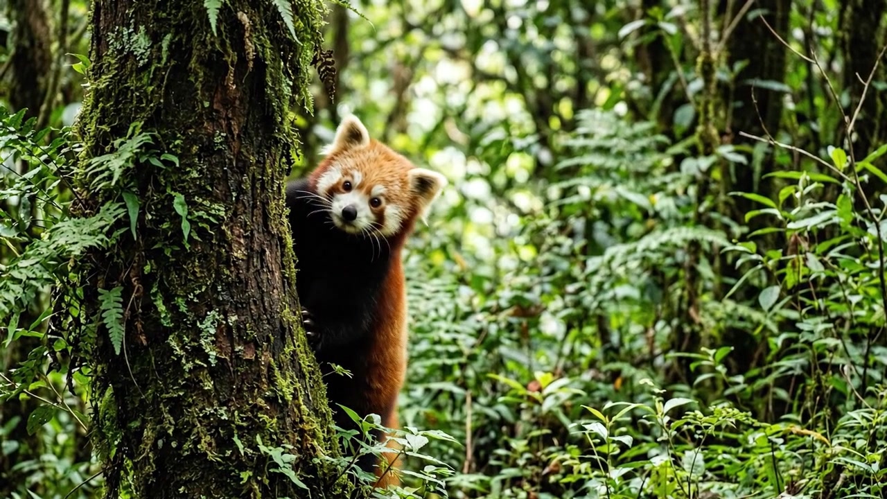 Panda rosso che sbircia da dietro un albero muschioso nella foresta