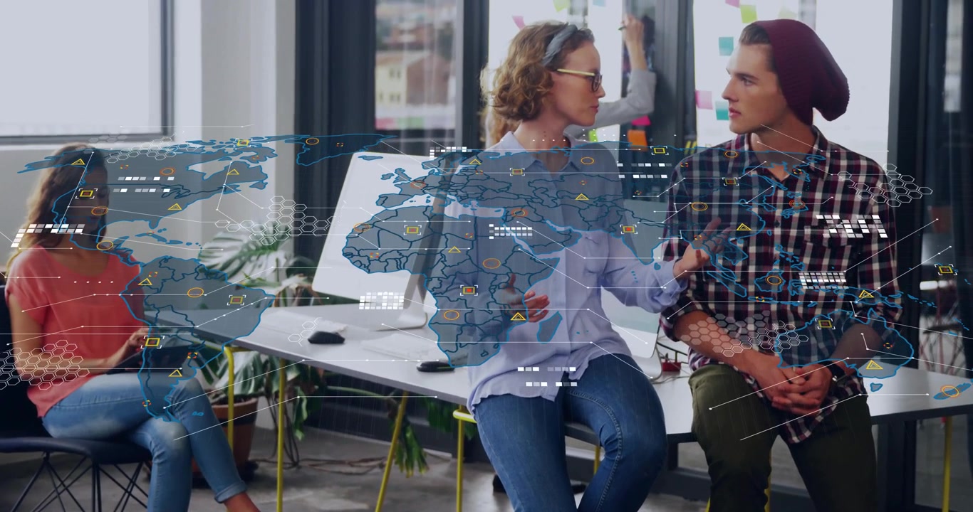 Office team discussing marketing strategy in open plan office, overlaying holographic world map