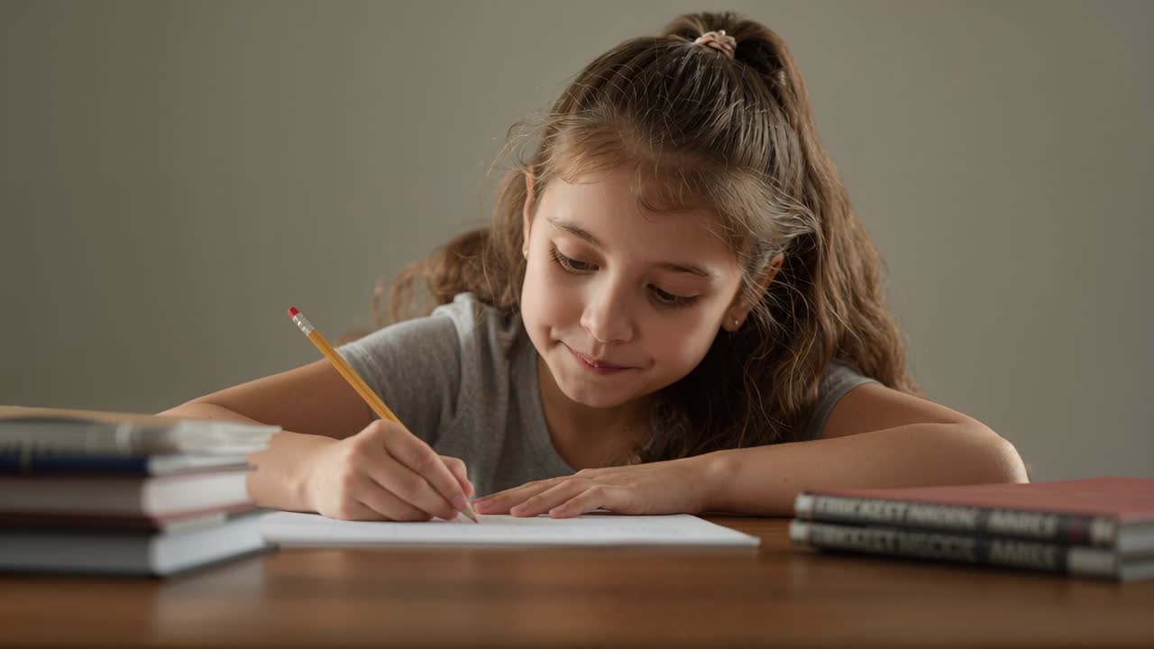 Estudiante con camiseta gris mirando hacia abajo, empezando a practicar escritura en un papel en el escritorio con un lápiz amarillo.
