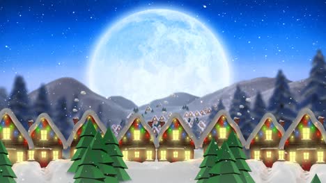 Animation-Von-Schnee,-Der-über-Schneebedeckte-Häuser-Fällt,-Die-Mit-Weihnachtslichtern-Und-Mond-Geschmückt-Sind