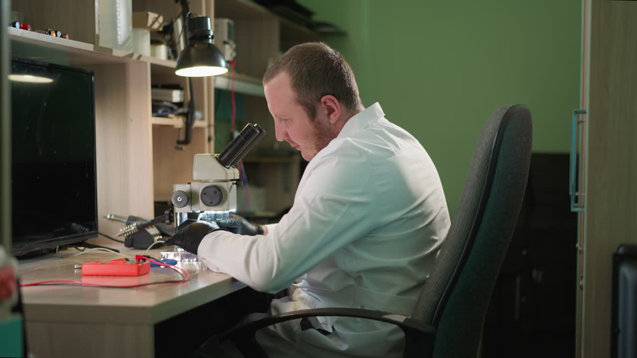 색 실험실 코트를 입은 기술자가 잘 장착된 실험실에서 현미경으로 회로를 조사합니다. 작업 공간에는 과학 기구, 책상 램프 및 다양한 도구가 있습니다.