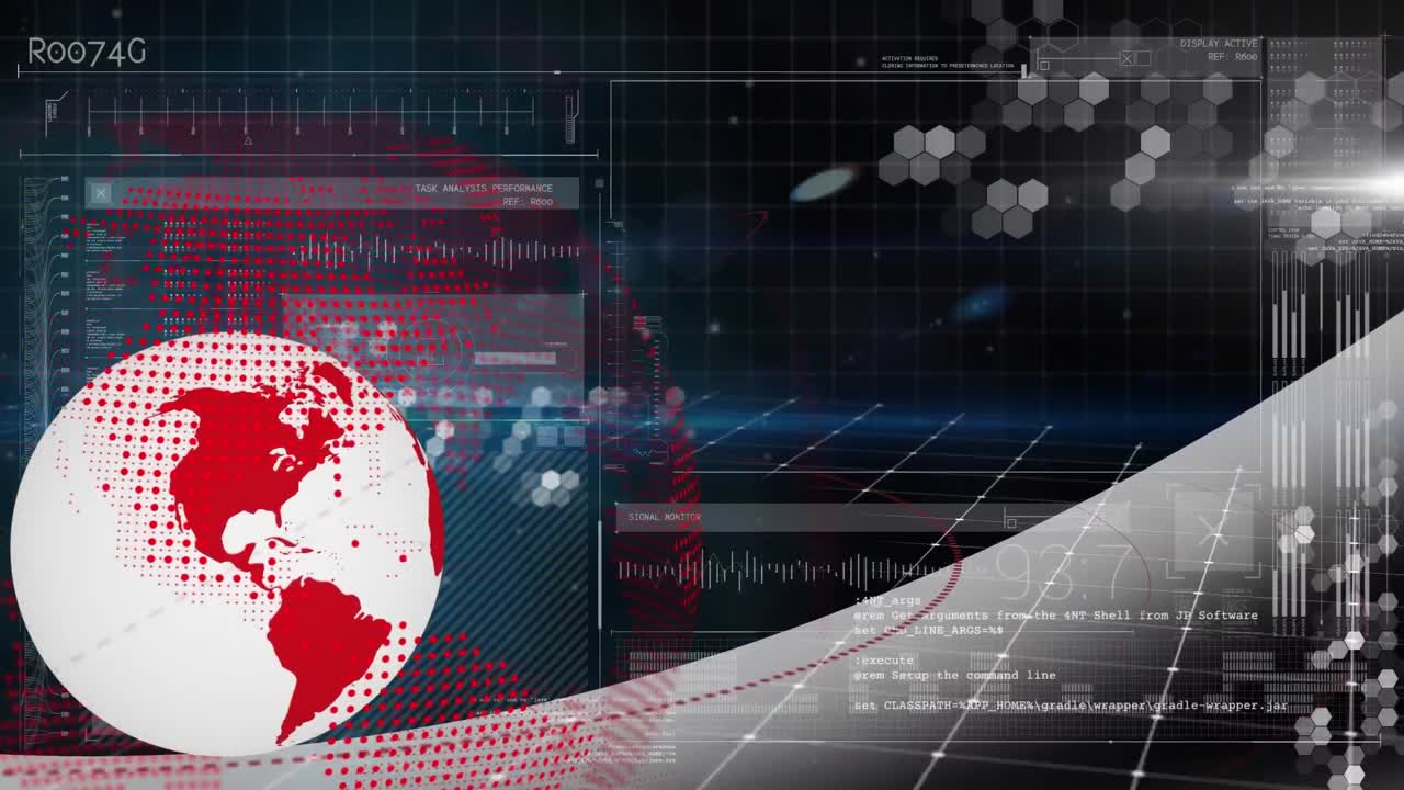 animación de globos, barras de carga, cambios de números y lenguaje informático sobre fondo negro