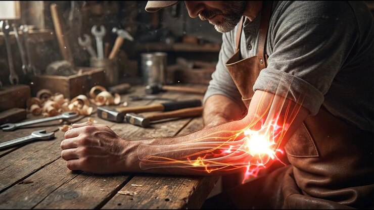 Man working in workshop touching sore forearm muscle in pain, horizontal 16:9 video
