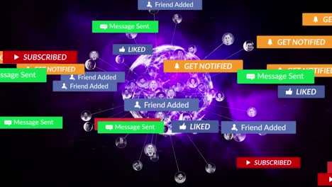 Animation-of-social-media-texts-over-globe-with-connections-on-black-background