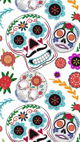 colorful sugar skulls with floral patterns transition through vivid backgrounds, creating a lively and festive animation