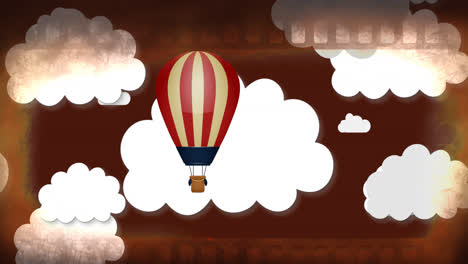 animation of clouds and hot air balloon over grey background