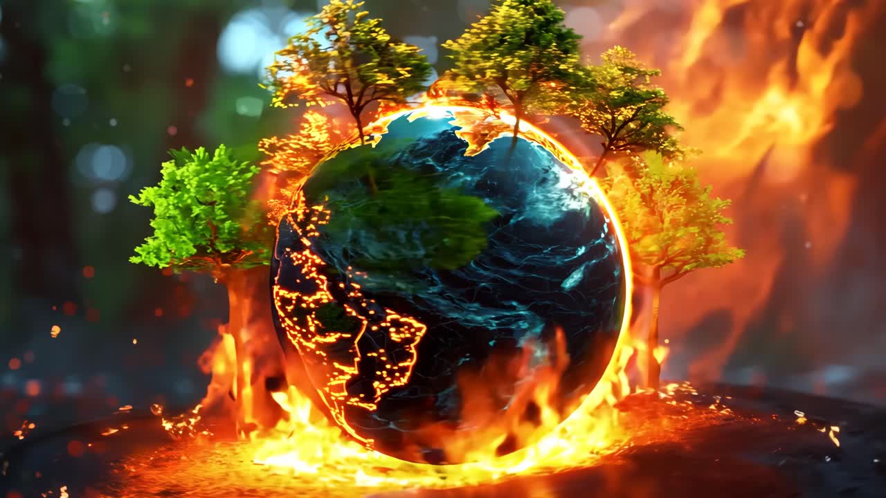 A fire is burning on a globe. The globe is surrounded by water