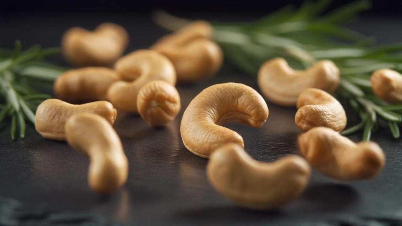 Cashewnøtter faller ned på en mørk skiferoverflate med rosmarin