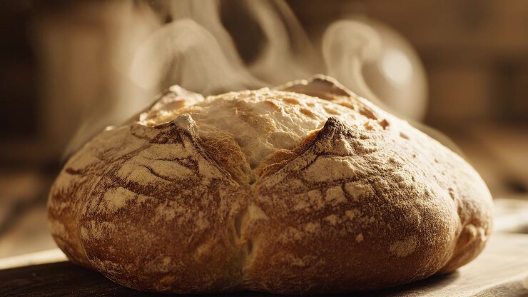 Freshly baked artisan sourdough bread loaf with rising steam