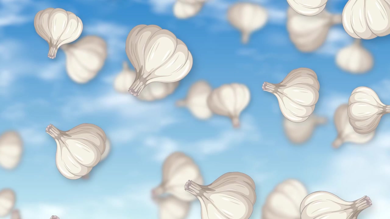 Bulbi d'aglio stilizzati cadono continuamente attraverso un cielo azzurro brillante con soffici nuvole bianche.