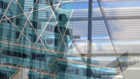 animation of office building over business people walking in modern office
