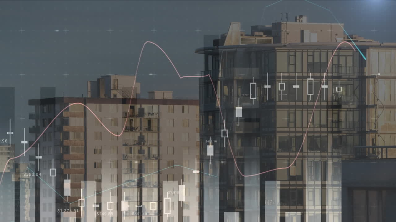 높은 건물의 공중 전망에 대한 통계 데이터 처리의 애니메이션